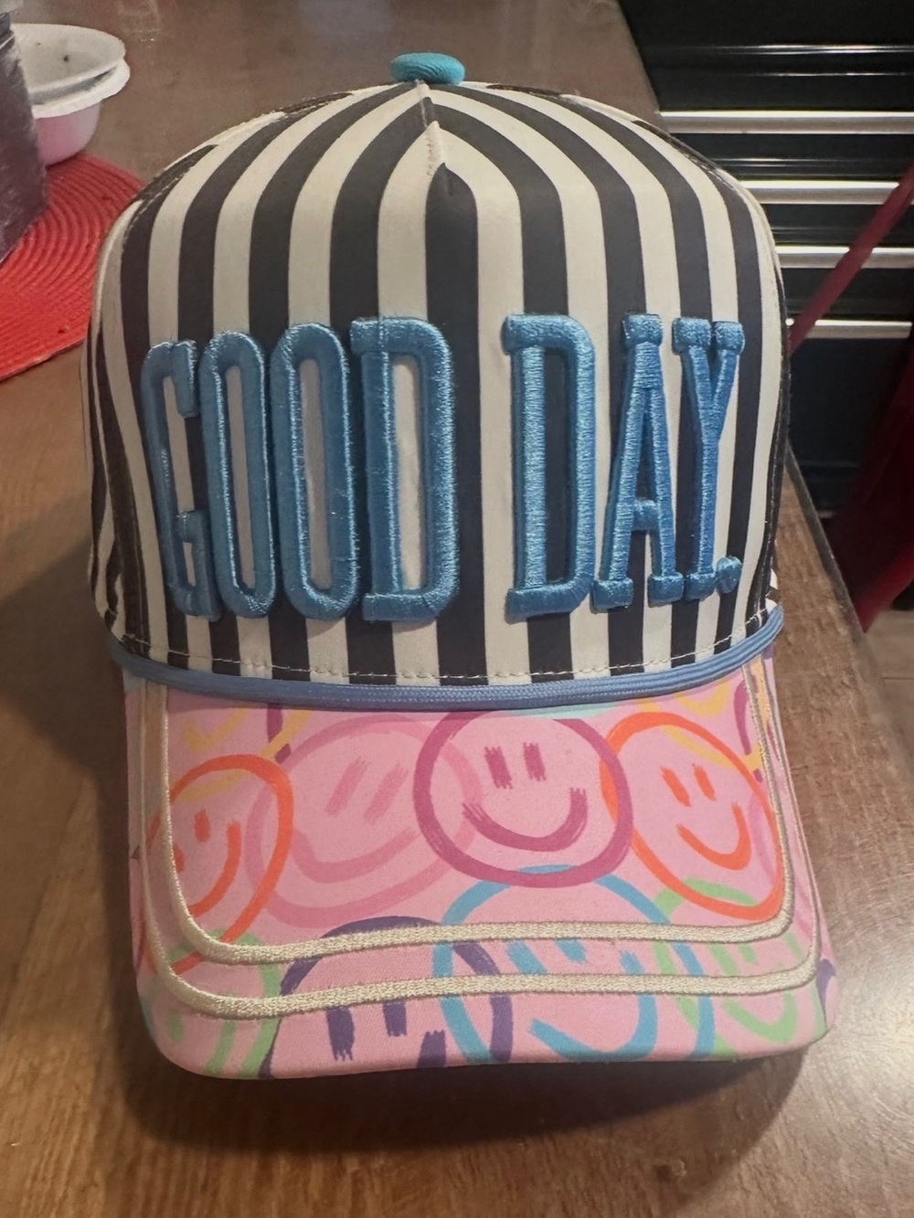 'GOOD DAY' Striped Baseball Cap with Colorful Smiley Brim